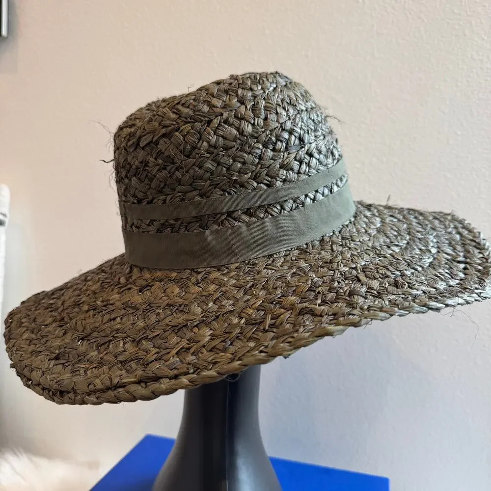 Olive Green Chunky Woven Boho Straw Wide Brim Sun Hat-Adjustable